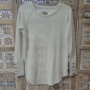 Creamy Off White Long Sleeve Waffle Knit Top with Button Cuffs S